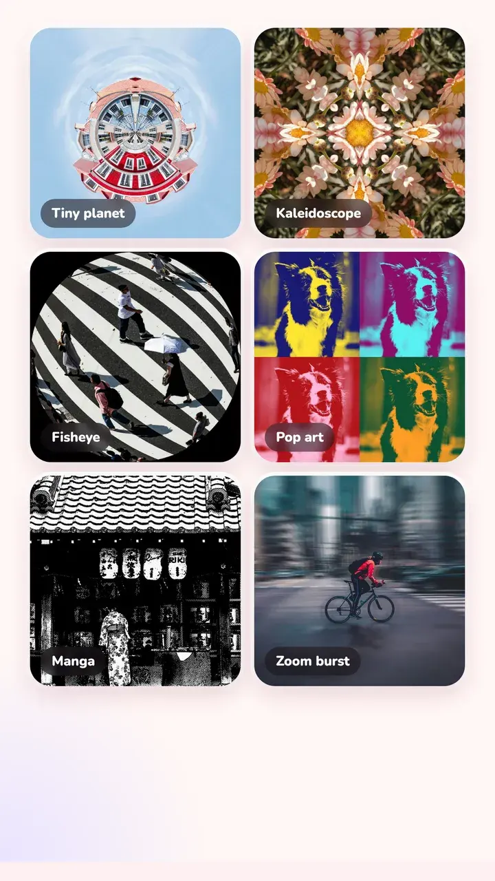 Tint Cam lens effects: tiny planet, kaleidoscope, fisheye, pop art, manga and zoom burst